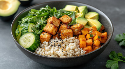 vibrant vegan meal featuring tofu, grains, and fresh vegetables, beautifully plated