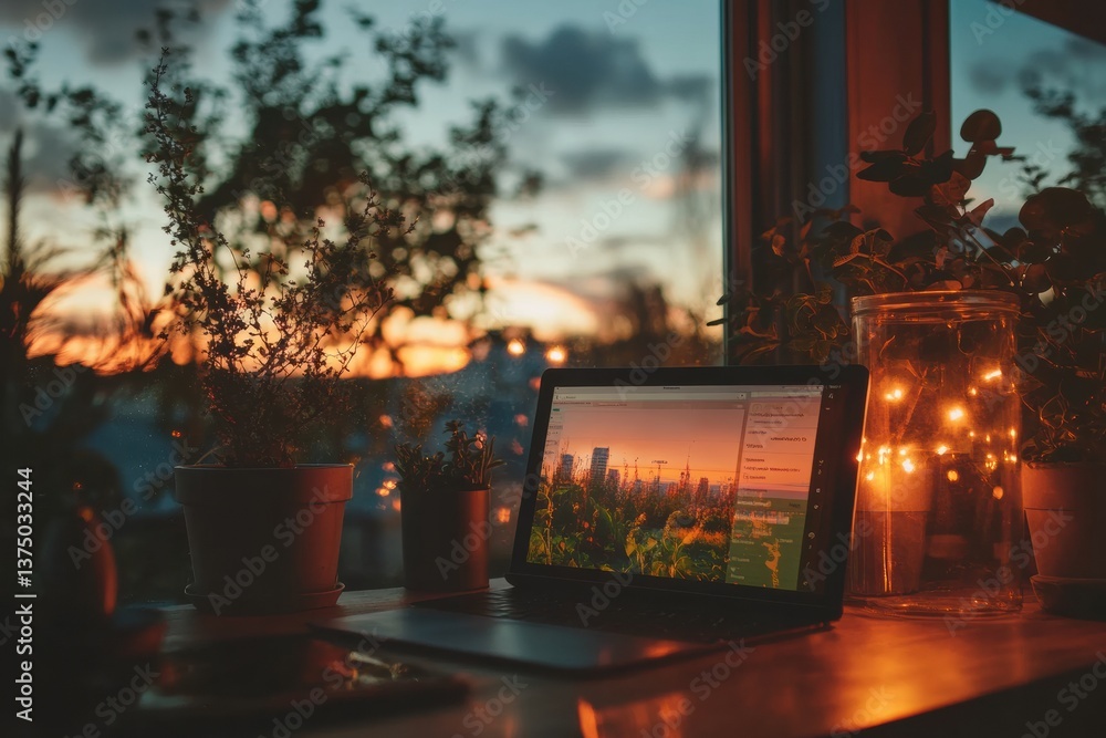 Aufkleber moody digital workspace sunset-lit smart home office with urban skyline dashboard, blending tech min