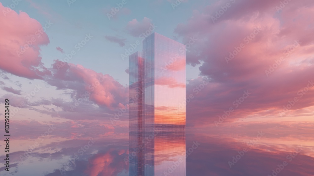 Poster translucent urban horizon next-gen architectural visualization blending glass skyscraper with ethere