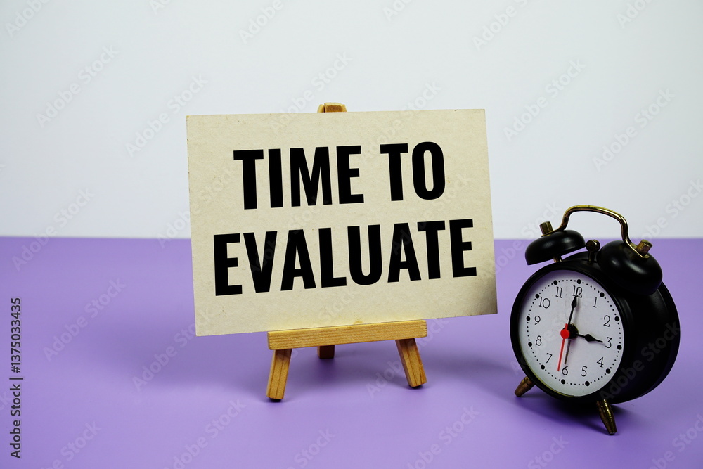 Poster time to evaluate text on paper card with alarm clock on purple background
