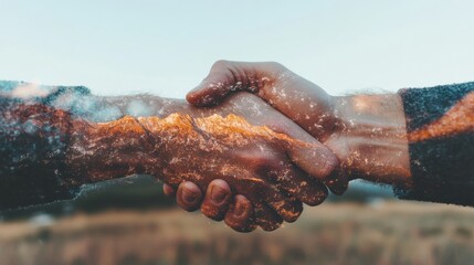 Global Unity Fusion Universal Culture Day Handshake with Ethereal Mountain Landscape - Innovative Diplomatic Connectivity for Cross-Cultural Professional Engagement