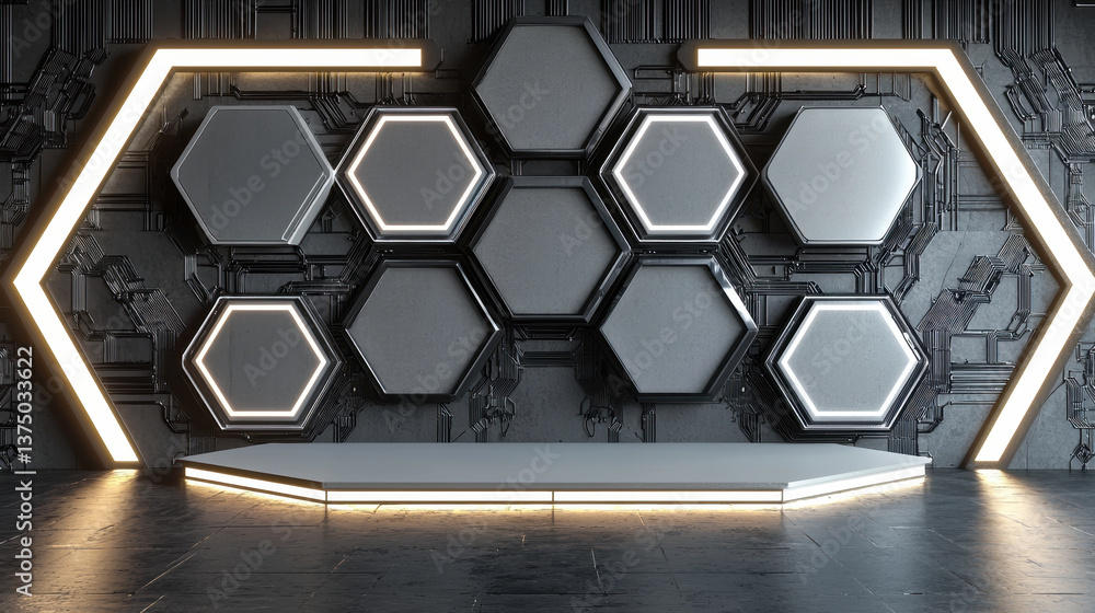 Poster modern podium is set against sleek hexagonal backdrop featuring illuminated panels, creating futuris