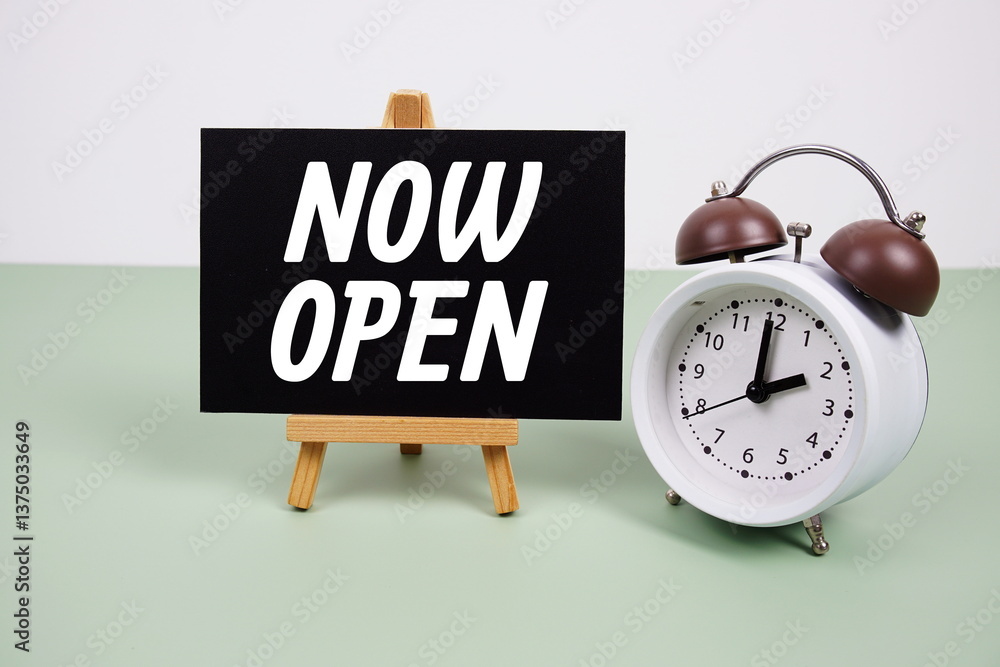 Poster now open text on paper card with alarm clock on green background