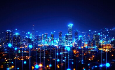 Fototapeta premium Night Cityscape Connected by Digital Network