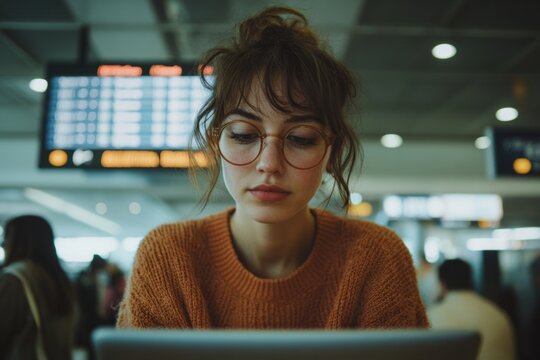 Hybrid Work Revolution Millennial Digital Nomad in Textured Ochre Knitwear Pioneering Remote Productivity at Global Transit Hub - Flexible Career Lifestyle Imagery