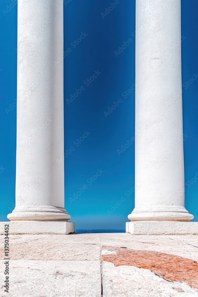 Poster Minimalist Architectural Symmetry Neo-Classical White Columns Framing Azure Horizon - Innovative Design Perspectives in Urban Architectural