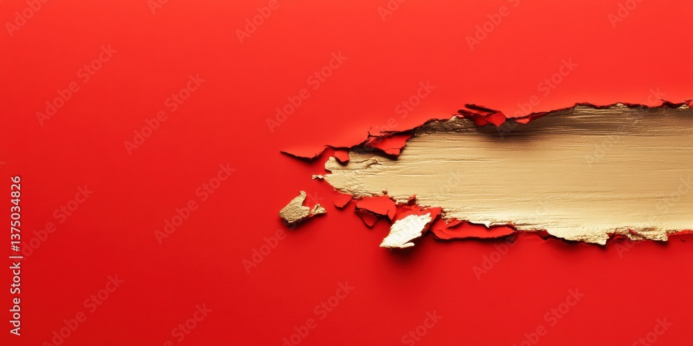 Poster deconstructed narrative bold red torn paper texture revealing golden substrate - dynamic visual meta