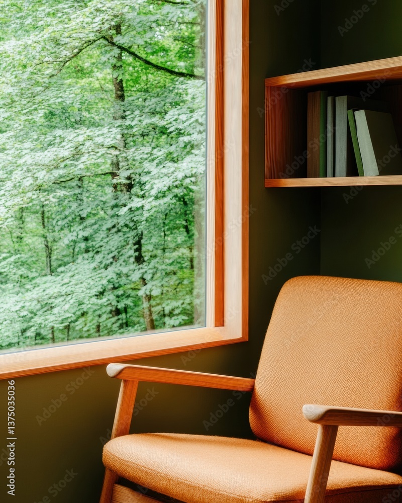 Poster scandinavian minimalist remote workspace serene mid-century chair and panoramic forest view - inspir
