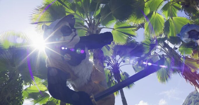 Ninja panda fighting off opponents while standing on side of tropical tree - cinematic slow motion 