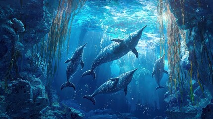 Fototapeta premium Dolphins Swimming Gracefully in a Lush Underwater Landscape