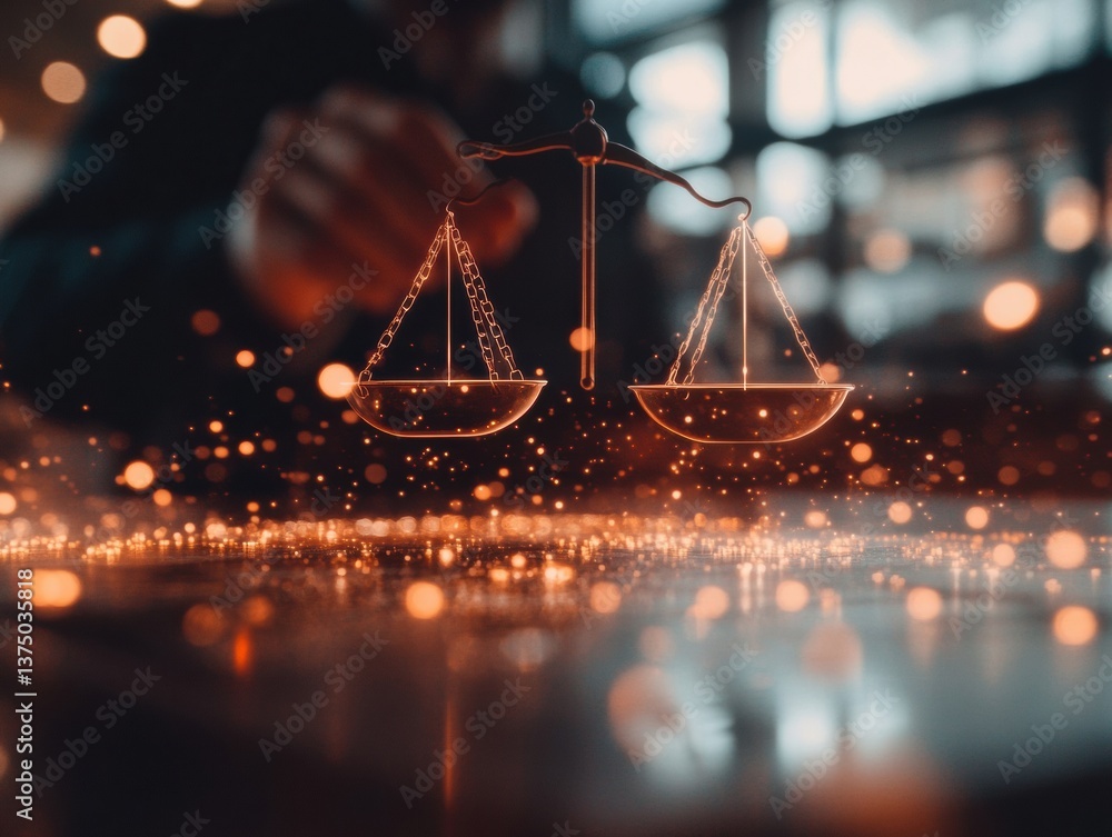Aufkleber immersive legal tech holographic justice scale visualizing regulatory compliance in cutting-edge dig