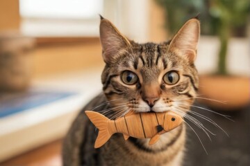 Closeup of a curious tabby cat holding toy in its mouth, with kitchen background.
