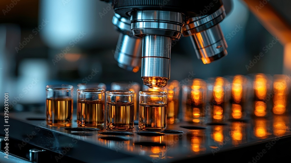 Poster microscope analysis of amber liquid samples in laboratory setting