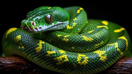 Obraz premium Close-up of a vibrant green snake coiled on a branch. Detailed scales and eye