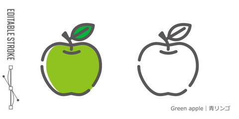 フルーツのラインアイコンと色付きアイコンのセット｜青りんご