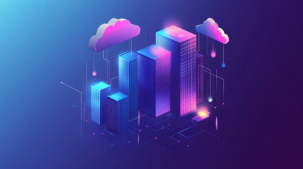Futuristic Cityscape with Colorful Skyscrapers and Clouds