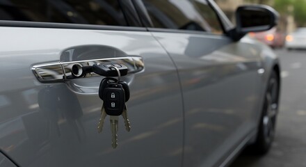 Silver car keys hanging from door handle soft light. AI Generated