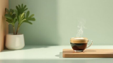 Fototapeta premium Aromatic Coffee Break Steaming Espresso in Glass Cup on Wooden Tray with Minimalist Plant