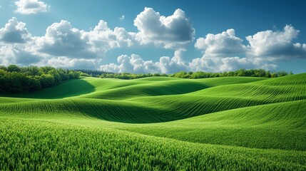 Naklejka premium Beautiful Panorama of Rolling Green Fields. Spring or Summertime Background with White Fluffy Clouds and Natural Landscape