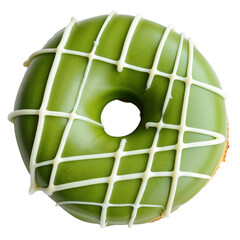 Green matcha-glazed donut with white icing grid decoration, isolated on transparent background
