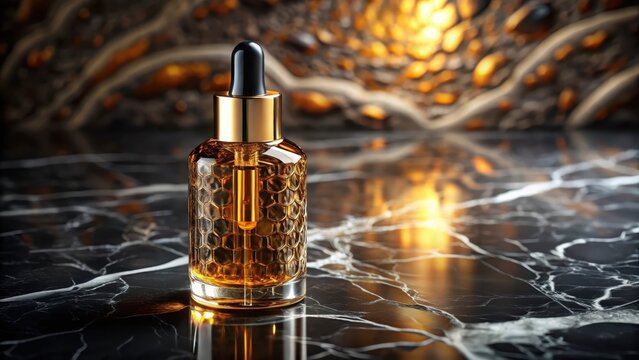 Luxurious Amber Elixir in Honeycomb Glass Bottle on Polished Dark Marble Surface with Warm Background Illumination