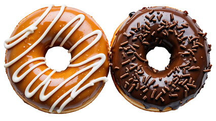Two donuts with caramel and chocolate glaze, one with white icing drizzle and the other topped with chocolate sprinkles, isolated on transparent background
