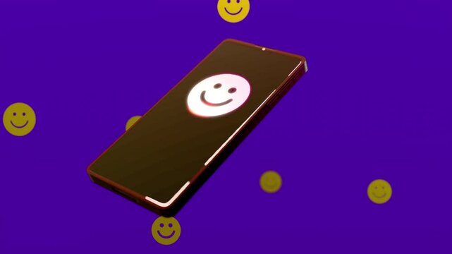A floating cell phone on a flat background with icon and symbols floating out