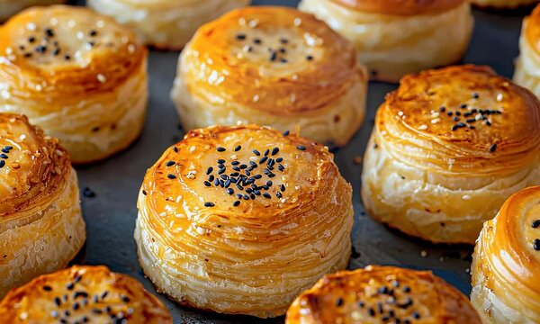 Golden baked treats dotted with seeds arranged attractively on a baking sheet