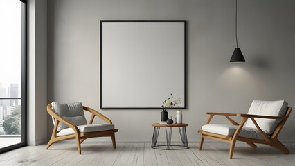 Minimalist dining room with two framed blank posters on wall. 3D Rendering
