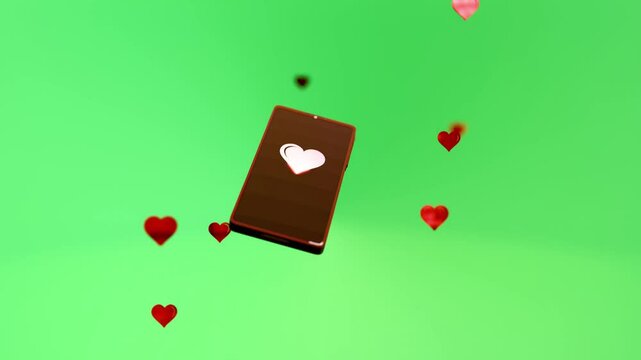 A floating cell phone on a flat background with icon and symbols floating out