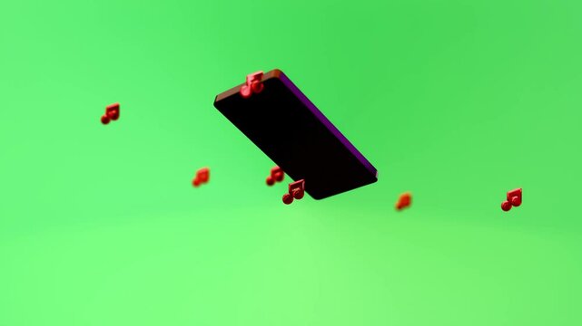 A floating cell phone on a flat background with icon and symbols floating out