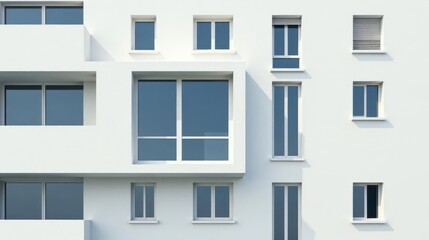 Modern Architectural Design Featuring Varied Window Sizes and Configurations on a Smooth White Facade