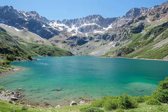 Breathtaking lago di saoseo in the livigno alps, switzerland, under a bright blue sky