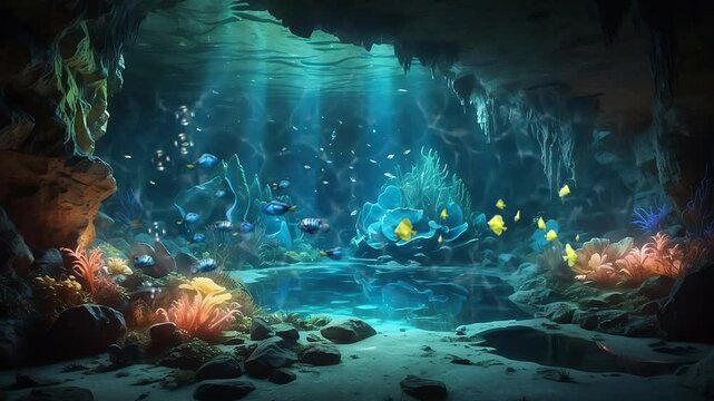 Colorful coral reef and tropical fish inside clear underwater cave with sunlight beams and glowing marine life in peaceful ocean scene. Underwater nature concept
