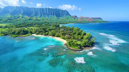Aerial View of Tropical Island Beach with Turquoise Water