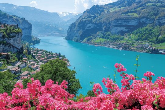 Breathtaking view of lago di saoseo lake surrounded by livigno alps on a clear sunny day