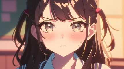 Anime Girl with Blushing Cheeks and Sad Eyes