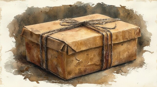 Rustic Watercolor Painting of a Tied Cardboard Box