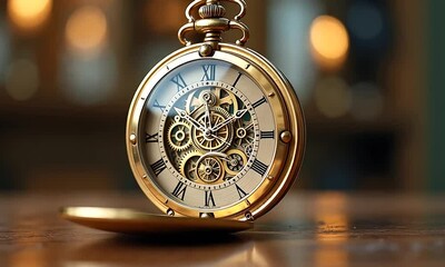 Antique Gold Pocket Watch, Intricate Gears and Roman Numerals