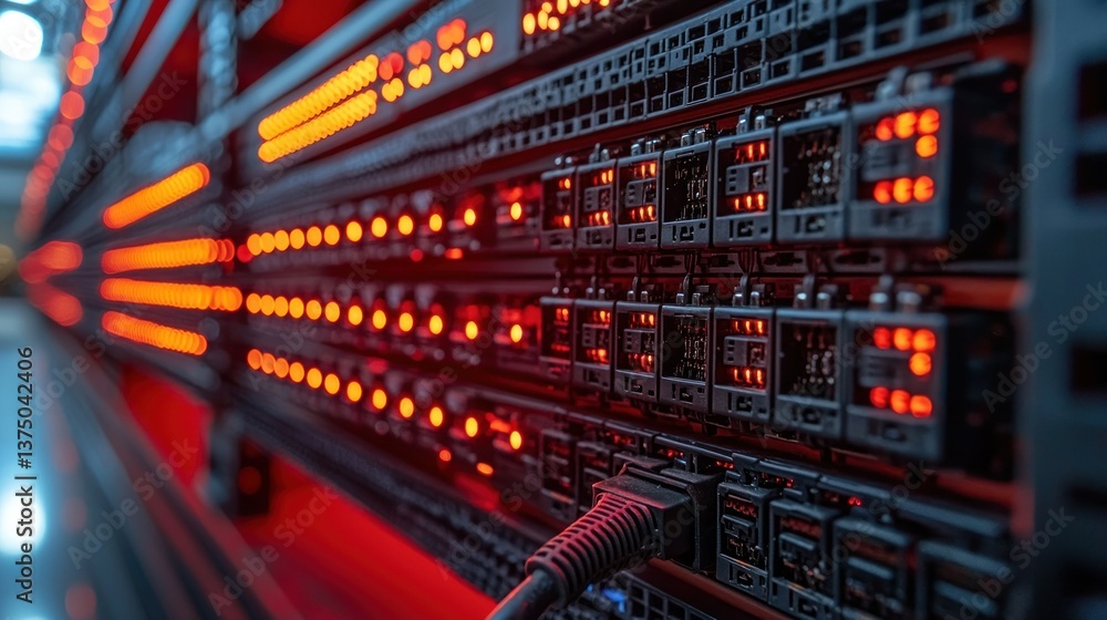Poster intricate data center server racks illuminated with red lights, close-up view