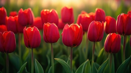 Vibrant red tulips in a field at sunset