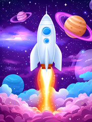 A vibrant rocket launching through colorful nebula clouds towards distant planets . AI generative