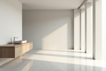 Modern Minimalist Bathroom Design with Floating Vanity and Sunlight Streaming Through Large Windows