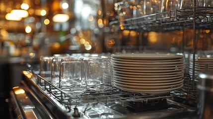 Dishwashing action in a modern restaurant kitchen close-up view industrial setting