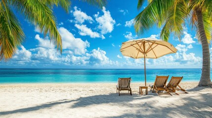 Fototapeta premium Relaxing on Tropical Beach with Chairs and Umbrella Under Palm Trees