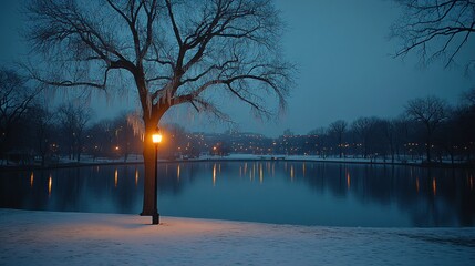 Winter evening scene by a lake with a lamppost