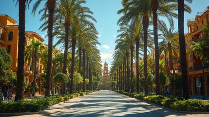 Obraz premium Palm Tree Lined Street in Spain