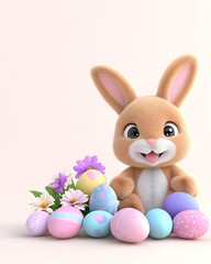 Fototapeta premium Adorable cartoon bunny surrounded by pastel Easter eggs and flowers . AI generative