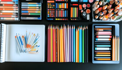 Assorted Colorful Art Supplies on Dark Surface