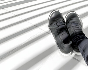 Black sneakers resting on a white corrugated surface . AI generative
